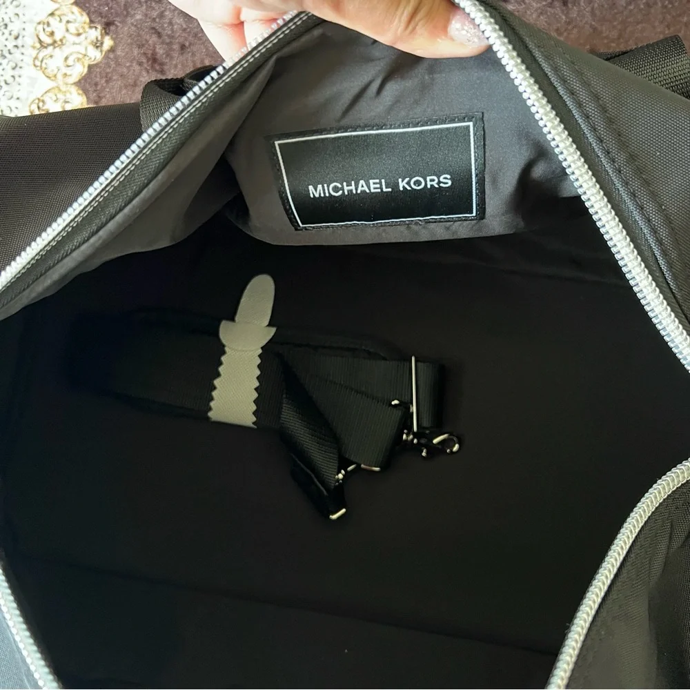 MICHAEL KORS Black Barrel Nylon Detachable Strap Silver-Tone Hardware Duffle Bag